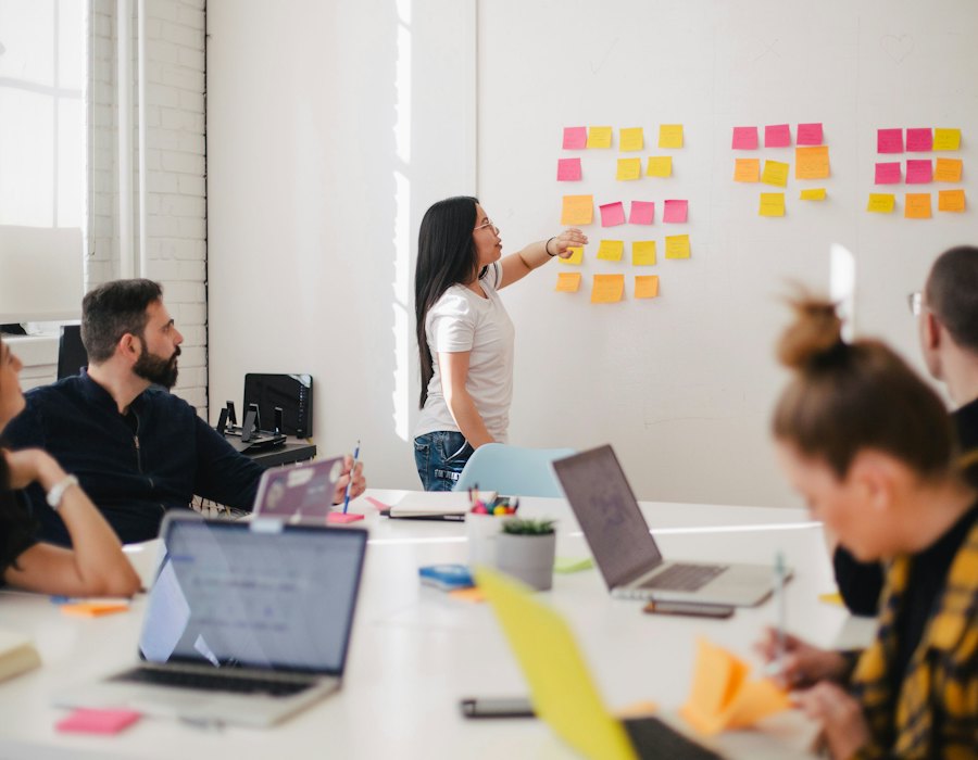 A planning session with sticky notes on a whiteboard